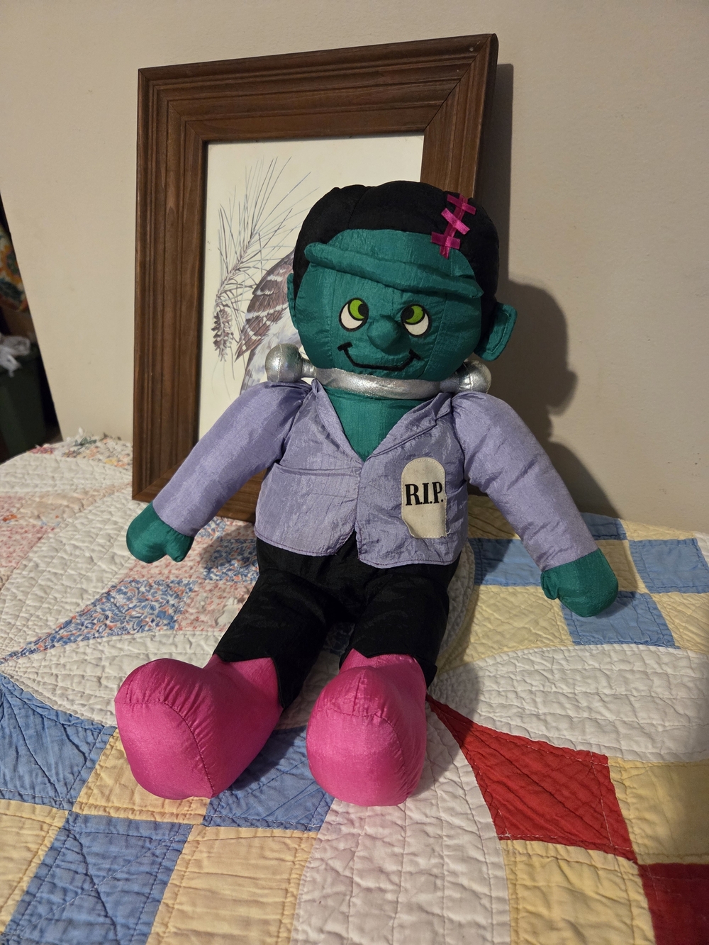 Green Frankenstein Plush Doll with Purple Jacket and Pink Shoes